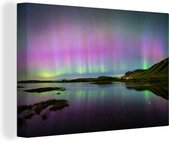 Canvas Schilderij Noorderlicht - IJsland - Paars - 90x60 cm - Wanddecoratie