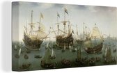 Canvas Schilderij De terugkomst in Amsterdam van de tweede expeditie naar Oost-Indië - Schilderij van Hendrik Cornelisz. Vroom - 80x40 cm - Wanddecoratie