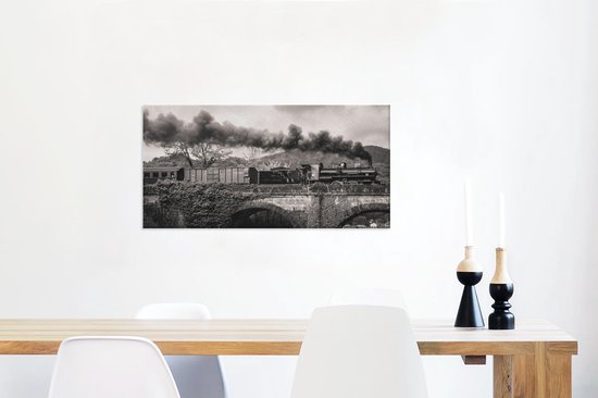 Zwart wit afbeelding van een Stoomlocomotief Canvas 40x20 cm - Foto print op Canvas schilderij (Wanddecoratie woonkamer / slaapkamer)