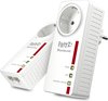 Twee witte FRITZ!Powerline adapters met rode accenten en lampjes.