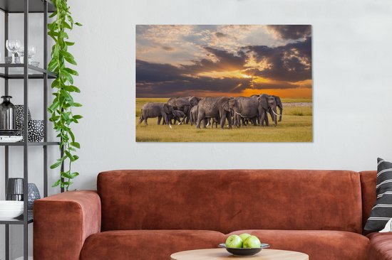 Troupeau d'éléphants au bord d'un lac toile 2cm 140x90 cm - Tirage photo sur toile peinture (Décoration murale salon / chambre) / animaux sauvages Peintures sur toile