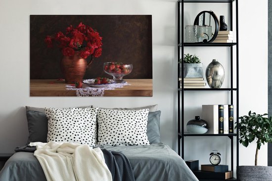 Peintures sur Toile - Nature Morte - Roses - Fraises - 140x90 cm - Décoration murale
