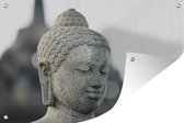 Tuinposter - Tuindoek - Tuinposters buiten - Boeddha hoofdbeeld steen - 120x80 cm - Tuin