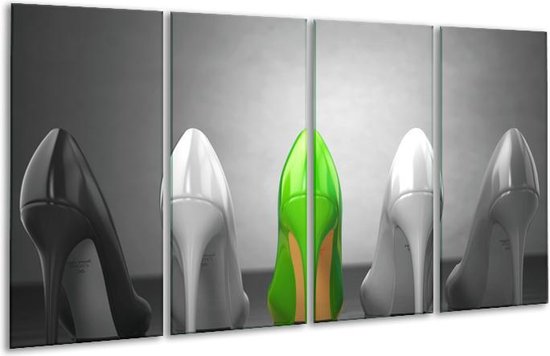 GroepArt - Glasschilderij - Schoenen, Vrouw - Grijs, Groen, Zwart - 160x80cm 4Luik - Foto Op Glas - Geen Acrylglas Schilderij - 6000+ Glasschilderijen Collectie - Wanddecoratie