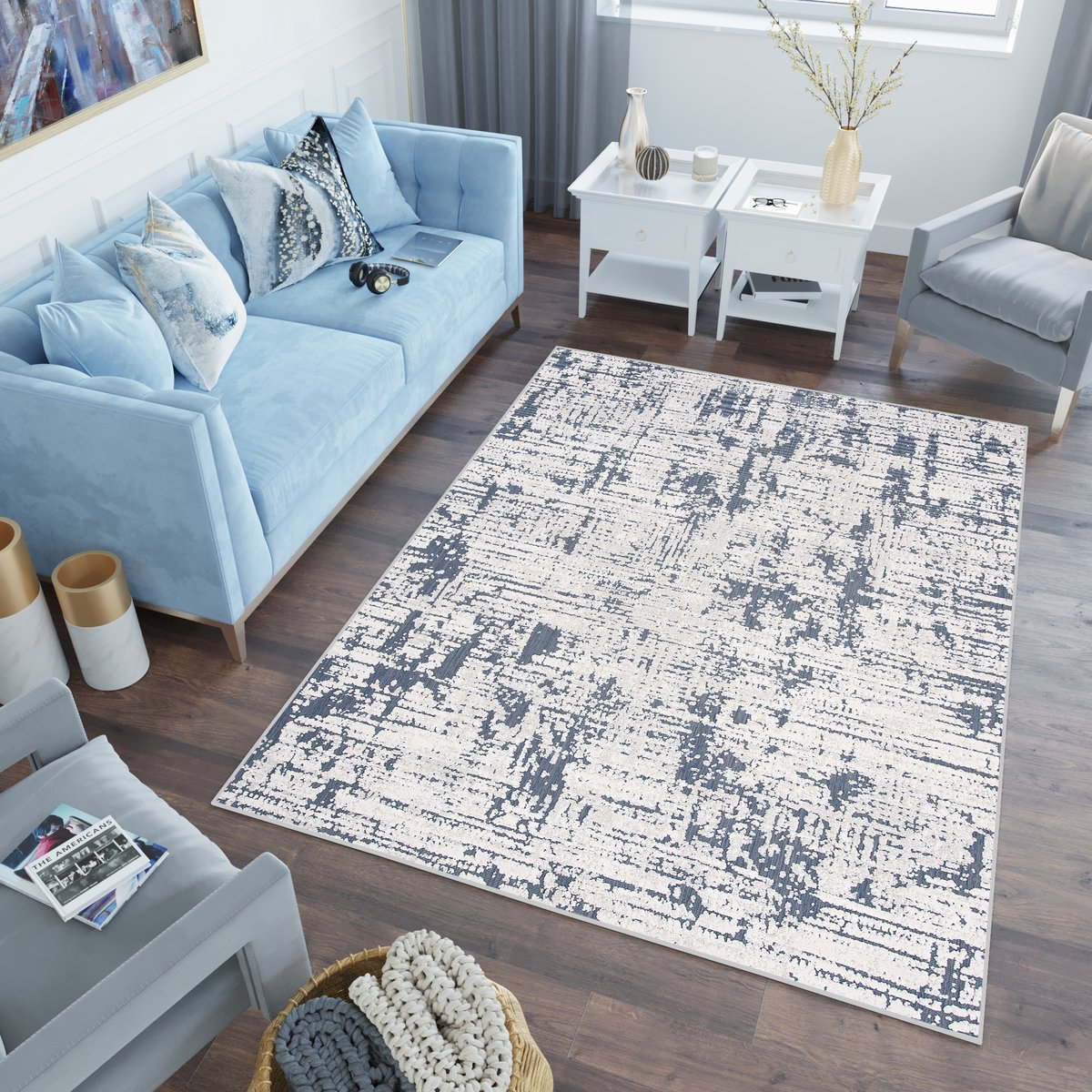 Tapiso Lotus Vloerkleed Blauw Marineblauw Woonkamer Laagpolig Tapijt Maat- 160x220
