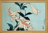 JUNIQE - Poster in houten lijst Hokusai - Trumpet Lilies -60x90 /Blauw