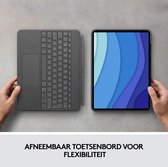 Grijze iPad hoes met toetsenbord en iPad ernaast. Het toetsenbord is verwijderd van de hoes.