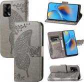 Voor OPPO F19 4G/A74 4G Vlinder Liefde Bloem Reliëf Horizontale Flip Lederen Case met Beugel/Kaartsleuf/Portemonnee/Lanyard (Grijs)