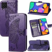 Voor Samsung Galaxy F62 Vlinder Liefde Bloemen Reliëf Horizontale Flip Lederen Case met Houder & Kaartsleuven & Portemonnee & Lanyard (Donkerpaars)