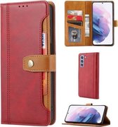 Voor Samsung Galaxy S21 FE Kalf Textuur Dubbele Vouwsluiting Horizontale Flip Leren Case met Fotolijst & Houder & Kaartsleuven & Portemonnee (Rood)