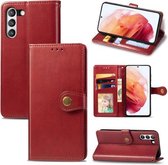 Voor Samsung Galaxy S21 FE effen kleur lederen gesp telefoonhoes met lanyard & fotolijst & kaartsleuf & portemonnee & standaardfunctie (rood)