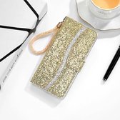 Voor Samsung Galaxy A02s (EU-versie) Glitterpoeder Horizontale lederen flip-hoes met kaartsleuven en houder en draagkoord (goud)
