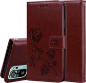 Voor Xiaomi Redmi Note 10 Rose reliëf horizontale flip PU lederen tas met houder & kaartsleuven & portemonnee (bruin)