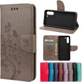 Voor Samsung Galaxy S21 FE vlinderbloempatroon horizontale flip lederen tas met houder & kaartsleuven en portemonnee (grijs)