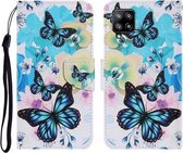 Voor Samsung Galaxy A22 4G Gekleurde Tekening Patroon Horizontale Flip PU Lederen Case met Houder & Kaartsleuven & Portemonnee & Lanyard (Paarse Vlinder)