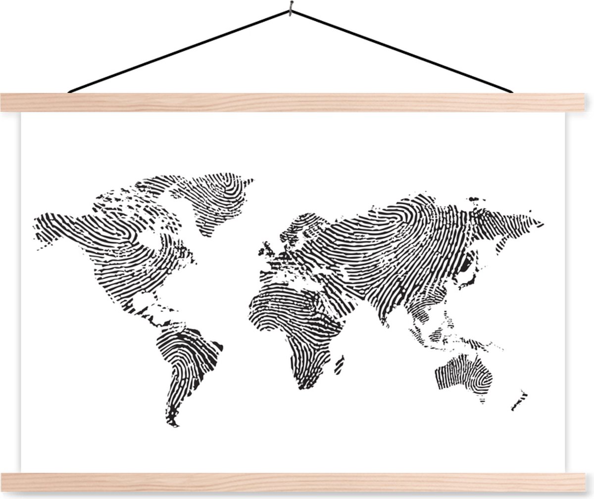 Wereldkaart vingerafdruk zwart wit schoolplaat platte latten blank 120x80 cm - Foto print op textielposter (wanddecoratie woonkamer/slaapkamer)
