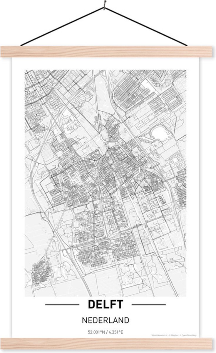 Posterhanger incl. Poster 40x60 cm - Schoolplaat - Stadskaart Delft - Textielposter - Blanke latten op Prijzenvolger.com