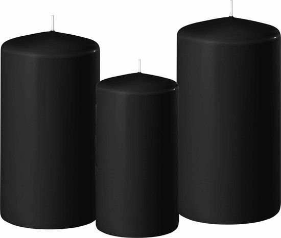 Set van 3x stuks zwarte stompkaarsen 10-12-15 cm met diameter 6 cm - Sfeer kaarsen voor binnen