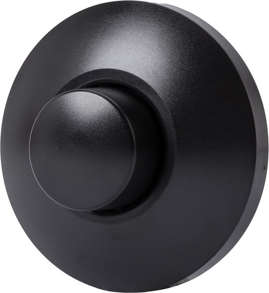 Zwarte ronde vloerdimmer met een centrale draaiknop. De dimmer is schuin naar buitenlopend aan de rand.