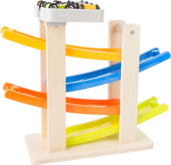 Houten knikkerbaan met auto's - Racebaan met parkeerdek - Kinderpuzzel 18 maanden