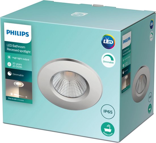 Philips badkamerinbouwspot, chroom, rond, dimbaar, IP65.