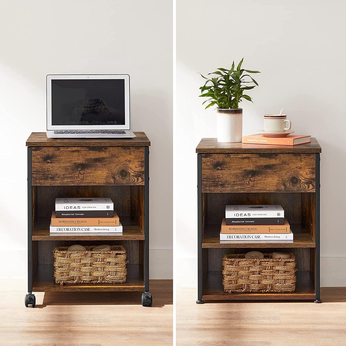 HOOBRO Table D'Appoint Haute 73.5cm Avec Étagère Réglable - Style Industriel Bois Et Métal - Pour Salon, Canapé, Bureau - 38x28x73.5cm Marron