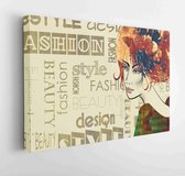Art colorful sketched beautiful girl face in mixed media style with red and black floral curly hair on sepia background with word fashion, style, model, design - Modern Art Canvas - Horizontal - 787322449 - 40*30 Horizontal