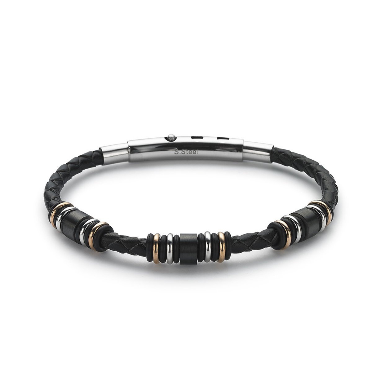 Twice As Nice Armband in zwart leder, ringetjes in edelstaal Zwart Adjustable