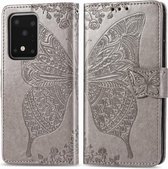 Voor Samsung Galaxy S20 Ultra Butterfly Love Flower Reliëf Horizontale Flip Leren Case met Beugel / Kaartsleuf / Portemonnee / Lanyard (Grijs)