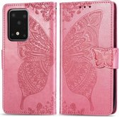 Voor Samsung Galaxy S20 Ultra Vlinder Liefde Bloem Reliëf Horizontale Flip Leren Case met Beugel / Kaartsleuf / Portemonnee / Lanyard (Roze)