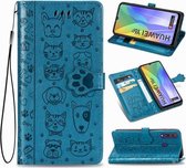 Voor Huawei Y6P Mooie Kat en Hond Embossing Patroon Horizontale Flip Leren Case, met Houder & Kaartsleuven & Portemonnee & Cartoon Sluiting & Lanyard (Blauw)