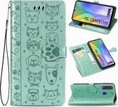 Voor Huawei Y6P Mooie Kat en Hond Embossing Patroon Horizontale Flip Leren Case, met Houder & Kaartsleuven & Portemonnee & Cartoon Sluiting & Lanyard (Groen)