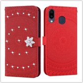 Voor Galaxy A20 Pressed Printing Sticking Drill Pattern Horizontale Flip PU lederen tas met houder & kaartsleuven & portemonnee & & lanyard (rood)