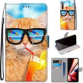 Voor OPPO Realme 5 / 5s / 5i / C3 / C3i / 6i / Narzo10 / 10A / 20A Gekleurde tekening Cross Texture Horizontale flip PU lederen tas met houder & kaartsleuven & portemonnee & lanyard (Cat Drin