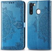 Voor Galaxy A21 Halverwege Mandala Embossing Patroon Horizontale Flip Leren Case met Houder & Kaartsleuven & Portemonnee & Fotolijst & Lanyard (Blauw)