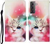 Voor Samsung Galaxy S21 5G Gekleurde Tekening Patroon Horizontale Flip Leren Case met Houder & Kaartsleuven & Portemonnee & Lanyard (Scheel Kat)