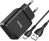 hoco N7 Speedy USB-oplader met dubbele poorten met USB naar USB-C / Type-C datakabel, EU-stekker (zwart)