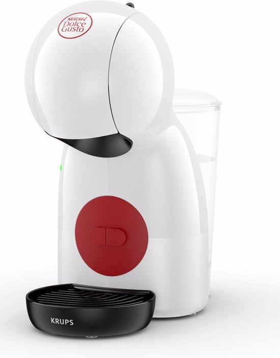 Witte Krups Piccolo XS koffiemachine met rood rond bedieningspaneel en 'KRUPS' op lekbak.