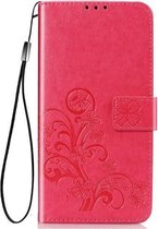 Voor Galaxy A71 5G vierbladige gesp reliëf gesp mobiele telefoon bescherming lederen tas met lanyard & kaartsleuf & portemonnee & beugel functie (magenta)