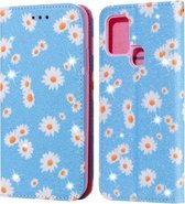 Voor Samsung Galaxy A21s Glittering Daisy magnetische horizontale flip lederen tas met houder & kaartsleuven en fotolijst (blauw)