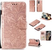 Voor Samsung Galaxy Note20 Kant Bloem Horizontale Flip Leren Case met Houder & Kaartsleuven & Portemonnee & Fotolijst (Rose Goud)
