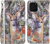 Voor iPhone 12/12 Pro 3D-schilderijpatroon Gekleurde tekening Horizontale flip PU-lederen hoes met houder & kaartsleuven en portemonnee (elanden)