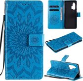 Voor Motorola Edge Plus Geperst Afdrukken Zonnebloempatroon Horizontale Flip PU-lederen hoes met houder & kaartsleuven & portemonnee & lanyard (blauw)