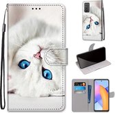 For Honor 10X Lite Gekleurde Tekening Cross Textuur Horizontale Flip PU Lederen Case met Houder & Kaartsleuven & Portemonnee & Lanyard (Wit Kitten)