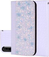 Krokodiltextuur Glitterpoeder Horizontale leren flip-hoes voor Galaxy A50, met kaartsleuven en houder (wit)