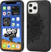 Voor iPhone 12/12 Pro Mandala reliëf stoffen hoes PC + TPU mobiele telefoonhoes met magnetische functie en draagriem (zwart)