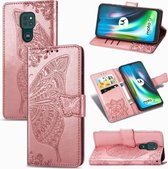 Voor Moto G9 Spelen Vlinder Liefde Bloem Reliëf Horizontale Flip Leren Case met Beugel / Kaartsleuf / Portemonnee / Lanyard (Rose Goud)