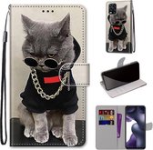 Voor Xiaomi Mi 10 Lite Gekleurde tekening Cross Texture Horizontale flip PU lederen tas met houder & kaartsleuven & portemonnee & lanyard (gouden ketting grijze kat)