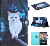 Voor Amazon Kindle Fire HD 10 2015/2017/2019 Gekleurde tekening Stiksels Horizontale flip lederen tas met houder & kaartsleuven en slaap- / wekfunctie (Blue Eyed White Cat)