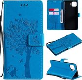 Voor OPPO F17 Pro / Reno4 Lite Tree & Cat Pattern Pressed Printing Horizontale Flip PU lederen tas met houder & kaartsleuven & portemonnee & lanyard (blauw)